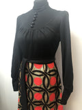 womens vintage Red patterned maxi dress lurex long sleeves long dress gold metallic dress black balloon sleeves 8 60s 1960s urban village vintage