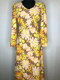 1970s Floral Print Maxi Dress in Orange and Brown - Size UK 12