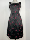 Vintage 1950s Floral Embroidered Satin Dress in Black by Marcel Fenez - Size UK 8