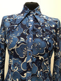 womens shirt  womens  vintage  Urban Village Vintage  urban village  Shirt  psychedelic  psych  printed shirt  patterned  patterened  long sleeve  hippy  hippie  floral shirt  evening blouse  dagger collar  collar  button  blue  blouse  big collar  70s  70  1970s