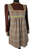yellow trim  womens  white  vintage  Urban Village Vintage  urban village  scooter dress  scooter  multi  modette  mod dress  MOD  mini dress  micro mini  embroidered trim  dress  checked  check dress  check  button front  brown  60s  1960s  10