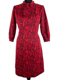 Vintage 1960s Balloon Sleeved Floral Print Tie Neck Dress in Red by Lilian Quayle - Size UK 12