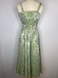 womens  vintage  urban village  swing dress  strappy. fitted  satin  rockabilly  retro  pleated. evening  party  midi dress  midi  green  glamorous  glam  full skirt  full circle  fitted waist  fit and flare  dress  cocktail  clothing  brocade