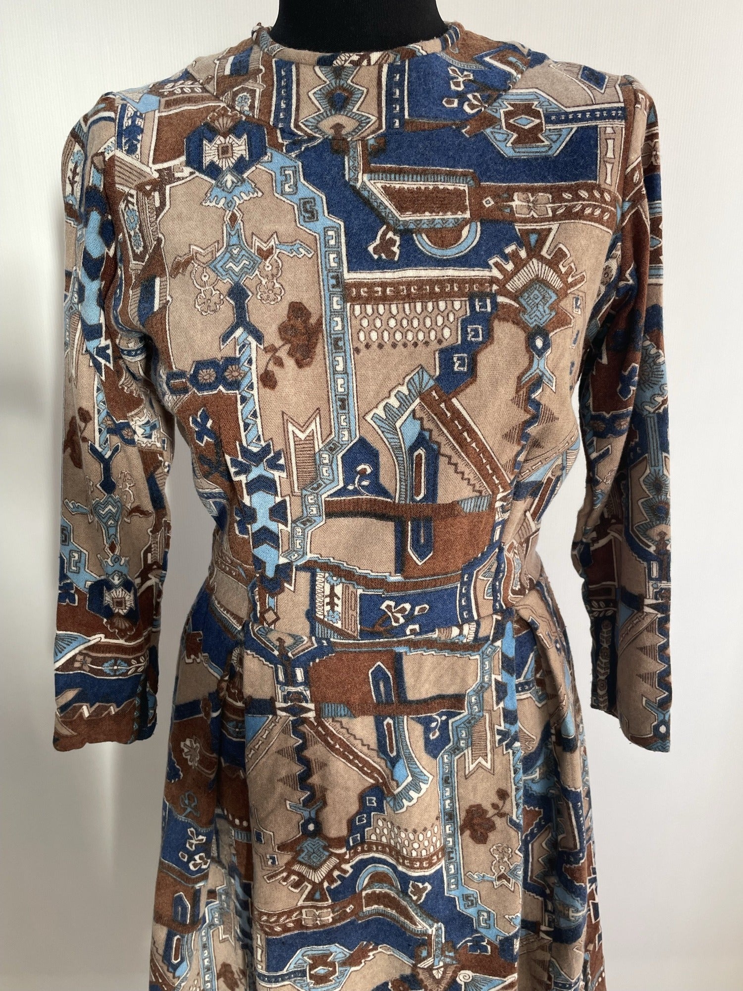1960s Ethnic Print Long Sleeve Winter Dress UK 10 12