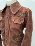 vintage  Urban Village Vintage  urban village  Suede Jacket  Suede  stitch detailing  stitch detail  psychedelic  mens  long sleeve  Jacket  hippy  hippie  flower print  flower power  dagger collar  collar  button down  button  brown stitch  brown  big collar