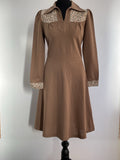 1970s Brown Open Collar Ditsy Floral Long Sleeve Dress - Size UK 10