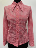 womens shirt  womens  vintage  Urban Village Vintage  urban village  summer blouse  St Michael  Shirt  red  long sleeve  dagger collar  crop shirt  collared  collar  checkered  checked  check shirt  check  button front  button  blouse  big collar  70s  1970s