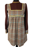Vintage 1960s Mod Check Micro Mini Smock Dress in Brown - Size UK 10
