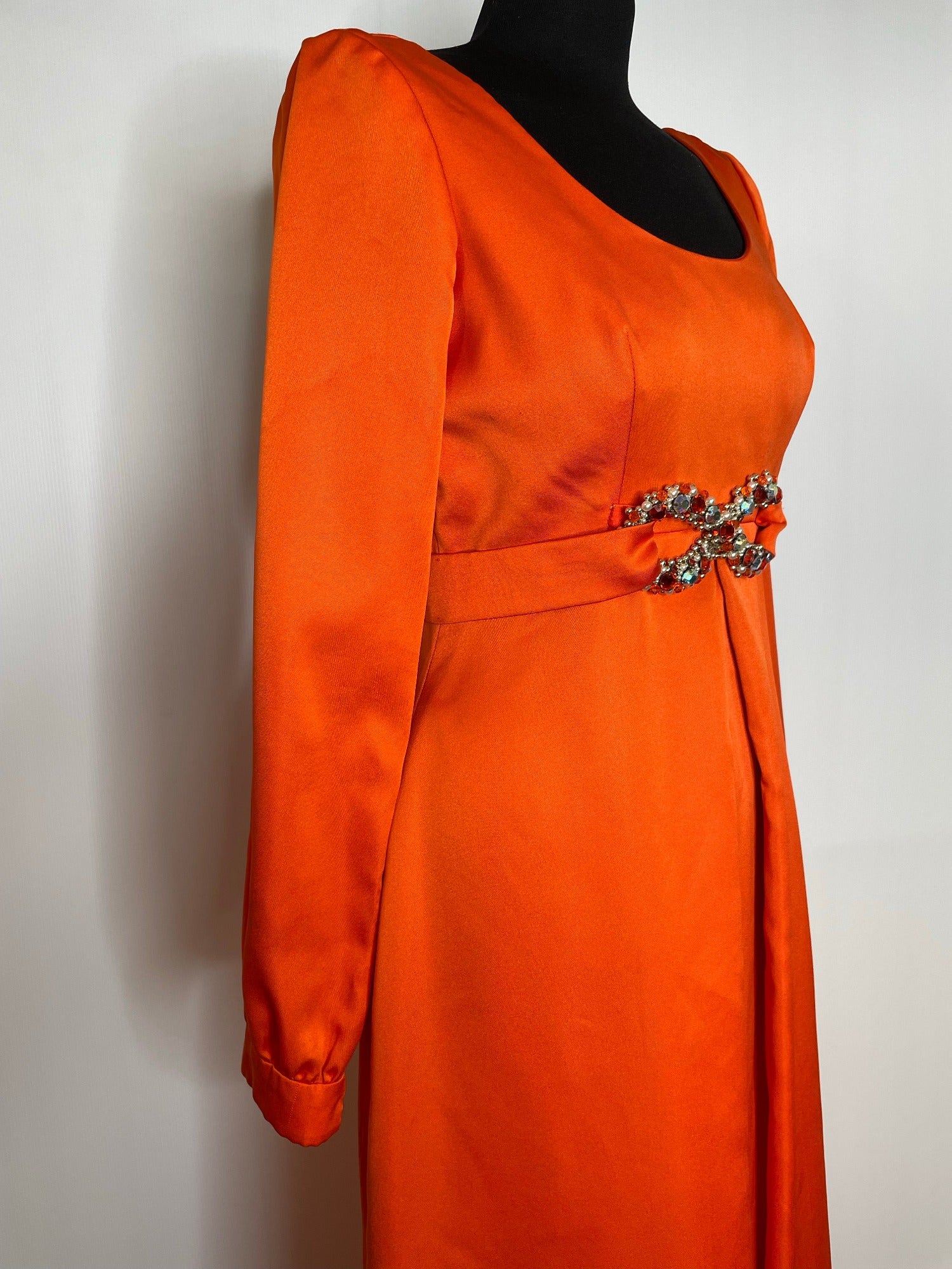 womens  vintage  Urban Village Vintage  scoop neck  scoop back  party  orange  new year  maxi dress  maxi  low back  long sleeved  long dress  jewelled  glamorous  glam  evening  dress  70s  60s  1970s  1960s  10