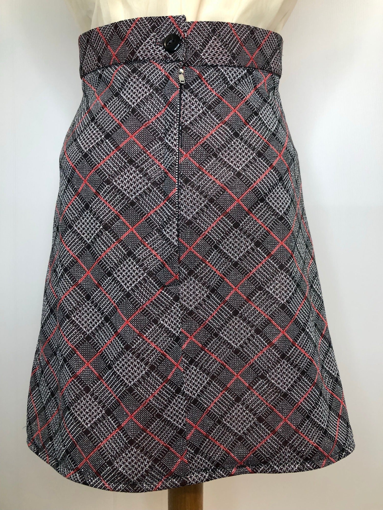 1970s Check Metallic Mini Skirt in Silver Size UK 6 Womens