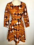 womens  vintage  Urban Village Vintage  psych  print dress  orange  long sleeved  floral print  floral dress  dress  collar  brown  70s  1970s  10