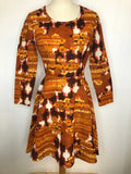 1960s Floral Print Dress in Orange - Size UK 8