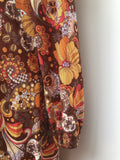 womens  vintage  Urban Village Vintage  orange  neck tie  multi  maxi dress  long sleeve  long dress  high neck  floral print  dress  brown  70s  1970s