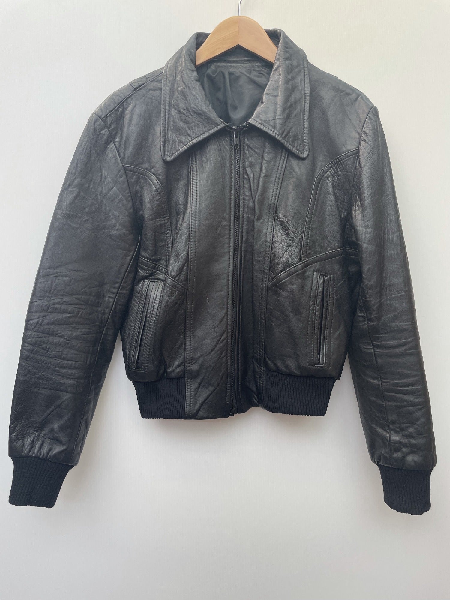 Leather Bomber Jacket Vintage Black Leather Coat 1970s Leather