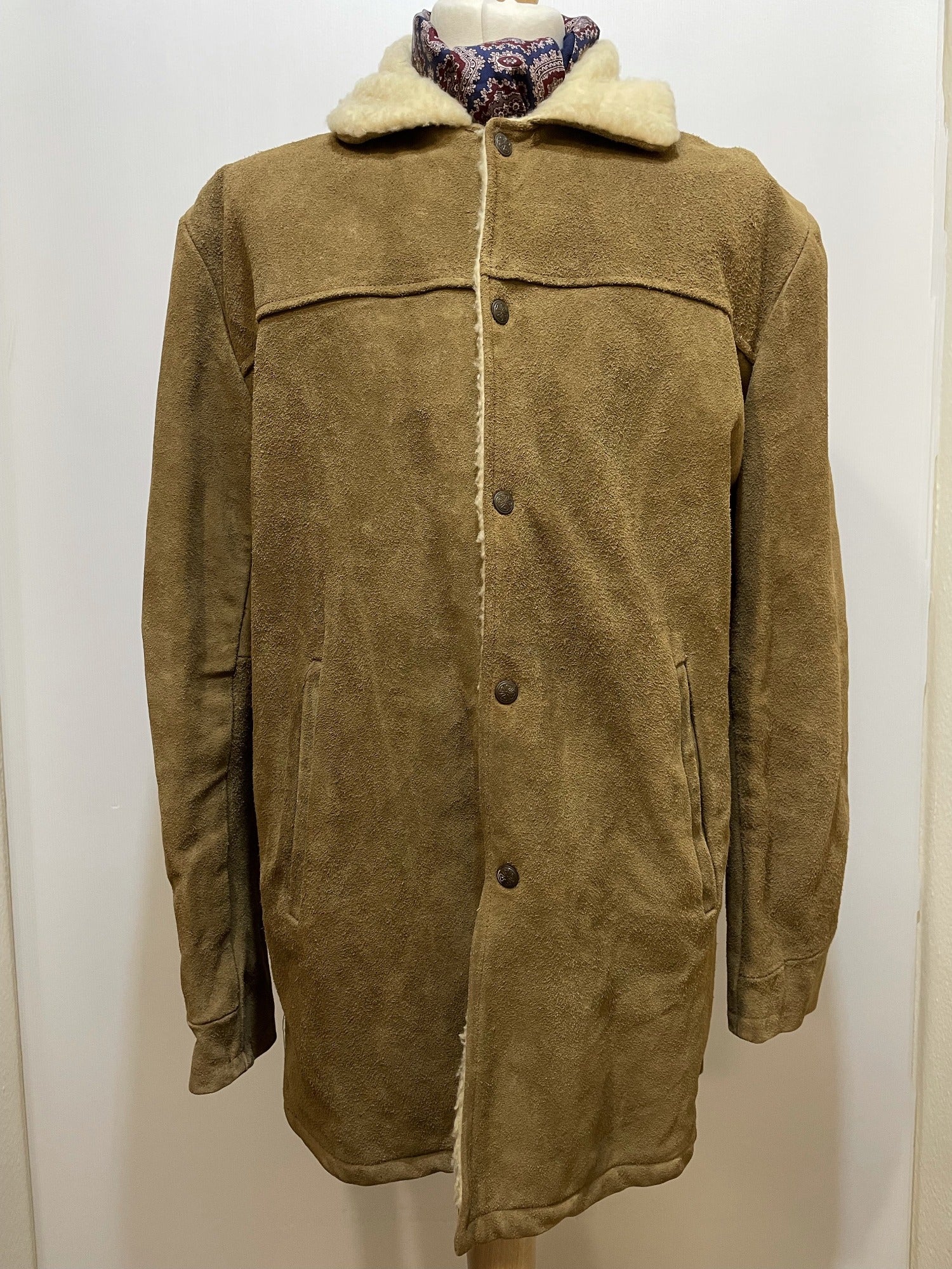 Vintage Mens 1970s Brown Suede Sherpa Faux Sheepskin Jacket Size