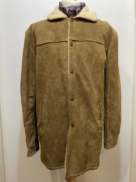 Vintage Mens 1970s Brown Suede Sherpa Faux Sheepskin Jacket