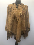 1980s Suede Western Patchwork Fringed Hooded Poncho - One Size