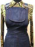 womens  vintage  Urban Village Vintage  red stitching  long sleeve  dungaree dress  dress  denim  brown  blue  8  70s  6  1970s