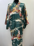 womens  vintage  Urban Village Vintage  urban village  sleeve  short sleeved  short sleeve  robe  retro  printed  print  oreiental  One Size  kimono  japanese  house jacket  Green  Cotton  100% cottton