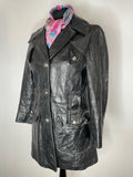 womens jacket  womens coat  womens  vintage  urban village  soft leather  small  pockets  Leather Jacket  Leather  large collar  Jacket  button down  button  Black Leather  Black Jacket  black  Belted waist  belted jacket  8  70s  70  1970s