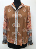 womens  vintage  Urban Village Vintage  urban village  Shirt  print  orange  multi  long sleeves  long sleeve  ethnic print  dagger collar  collar  brown  blouse  70s  70  1970s  12