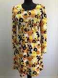 Yellow  womens  white  vintage  Urban Village Vintage  triangle print  retro  psychedelic  psych  print dress  orange  navy  multi  MOD  dress  decorative buttons  circle print  bow detail  60s  1960s  12