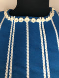 womens  vintage  Urban Village Vintage  Stripes  round neck  MOD  mini dress  front zip fastening  dress  decorative buttons  crochet trim neckline  blue  60s  1960s  12
