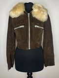 Rare 1970s Brown Suede Sheepskin Collar Cropped Penny Lane Jacket - UK 6