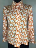 1970s Dagger Collar Geometric Print Blouse - Size UK 10