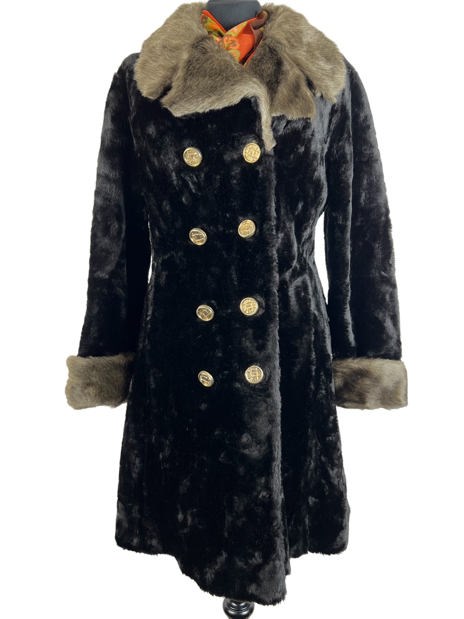 Vintage 1970s Double Breasted Faux Fur Long Coat in Black and