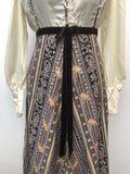 womens  waist belt  vintage  victorian style  velvet bow  Urban Village Vintage  midi dress  midi  hippie  floral print  dress  cream  brown  boho  bohemian  70s  1970s  12