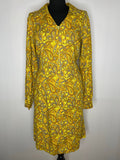1970s Yellow Paisley Open Collar Zip Front Long Sleeve Dress - UK 14