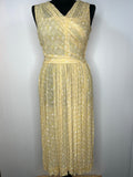 Vintage 1950s Wrap Over Ruched Floral Print Sheer Dress in Lemon - Size UK 8