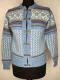 Vintage 1960s Knitted Fairisle Wool Cardigan in Blue - Size UK 8