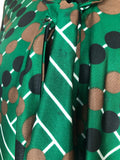 womens  vintage  Urban Village Vintage  two piece  twin set  top  tie neck  Skirts  skirt  Shirt  sailor collar  retro  green  circle print  brown print  blouse  70s  70  1970s  12  10-12  10