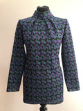 1960s Patterned Mini Dress in Green and Purple - Size UK 12