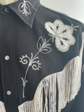 xl  white embroidery  western wear  western shirt  western  vintage  Urban Village Vintage  urban village  Ranchwear  press stud fastening  press stud  pearl snap fastening  pearl snap  pearl button  mens  hearc  floral trim  floral embroidery  floral  embroidery detail  embroidery  embroidered pattern  Embroidered  collared  collar  California Ranchwear  black  big collar  70s  1970s