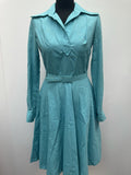 zip  womens  waist belt  vintage  Urban Village Vintage  urban village  Turquoise  shirt dress  Shirt  midi dress  midi  long sleeves  long sleeve  high neck  dress  dagger collar  collar dress  collar  big collar  belted dress  back zip  70s style  70s  70  1970s