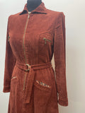 zip  womens  waist belt  vintage  Stripes  rust  pockets  midi dress  midi  long sleeve  eugene record  dress  corduroy  cords  corded  cord  collared dress  collared  collar dress  collar  chest pockets  belted dress  70s  1970s  12