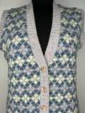 womens  waistcoat  vintage  Vest  tunic top  tunic  top  Tank Top  pure wool  pure new wool  Pitlochry knitwear  lilac  knitwear  knitted  Kintwear  diamond patterned  diamond pattern  cream  button front  Blue  70s  1970s  12  100% Wool