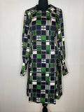 1960s Blue and Green Long Sleeve Geometric Print Large Collar Dress - UK 14