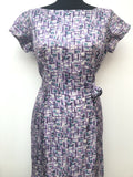 zip  womens  vintage  Urban Village Vintage  urban village  square print  purple  midi dress  midi  fitted waist  dress  corsage  Carnegie  50s  50  1950s  16