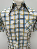 white  vintage  Urban Village Vintage  urban village  short sleeved  short sleeve  Shirt  mens  M  international style  dagger collar  collar  chest pockets  checkered  checked  check shirt  check  button down  button  big collar  70s  1970s