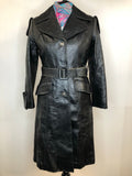 1970s Belted Long Leather Coat with Zip in Lining - Size UK 10