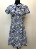 womens  white  vintage  Stripes  retro  pussy bow  print dress  MOD  midi dress  long sleeve  high neck  dress  blue  abstract print  60s  1960s  14