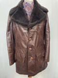 wooden buttons  Winter Coat  winter  vintage  Urban Village Vintage  urban village  soft leather  Sherpa  pockets  mens  M  long sleeve  Leather Jacket  Leather Coat  Leather  Jacket  collar  button down  button  brown leather  brown  belted dress  70s  1970s