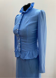 1970s Blue and White Polka Dot Two Piece Blouse and Skirt Set - Size UK 8
