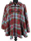 Vintage 1970s Tartan Check Toggle Hooded Poncho in Red and Blue - Size S