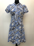womens  white  vintage  Stripes  retro  pussy bow  print dress  MOD  midi dress  long sleeve  high neck  dress  blue  abstract print  60s  1960s  14