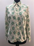 womens  vintage  Urban Village Vintage  top  Green  floral print  dagger collar  cream  blouse  70s  1970s  14